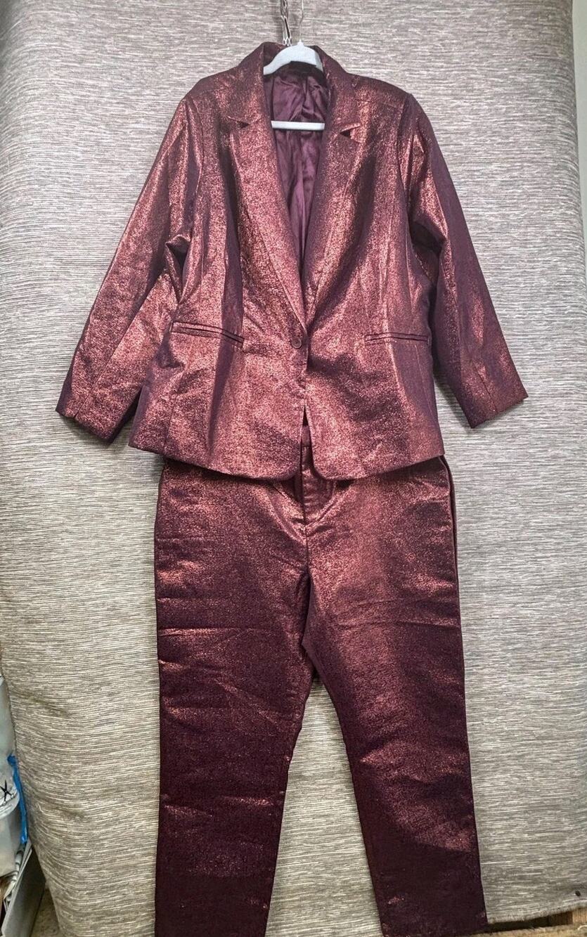 Joan Rivers Pant Suit Women Purple Metallic 2 Piece Jacket Sz 2X Pants Sz 1X NEW